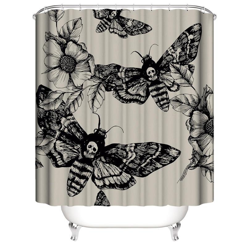 Gothic Skeleton Moth & Flower Pattern Shower Curtain, 1 Count Waterproof Bathroom Curtain with 12pcs Hooks, Bathroom Decor Supplies for Home Hotel Salon