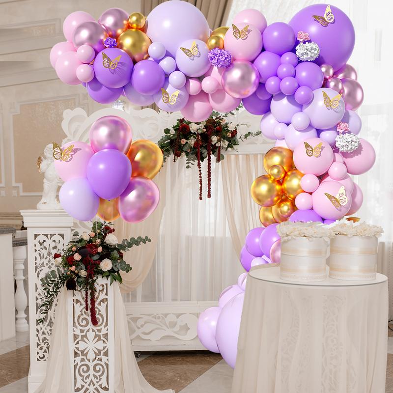 Purple Balloon Garland Arch Kit,112pcs Lilac Gold Latex Balloon,Wedding Birthday Party Balloon Decoration,Butterfly Theme Party Baby Shower Decor Purple Butterfly Balloon Tablecloth Set