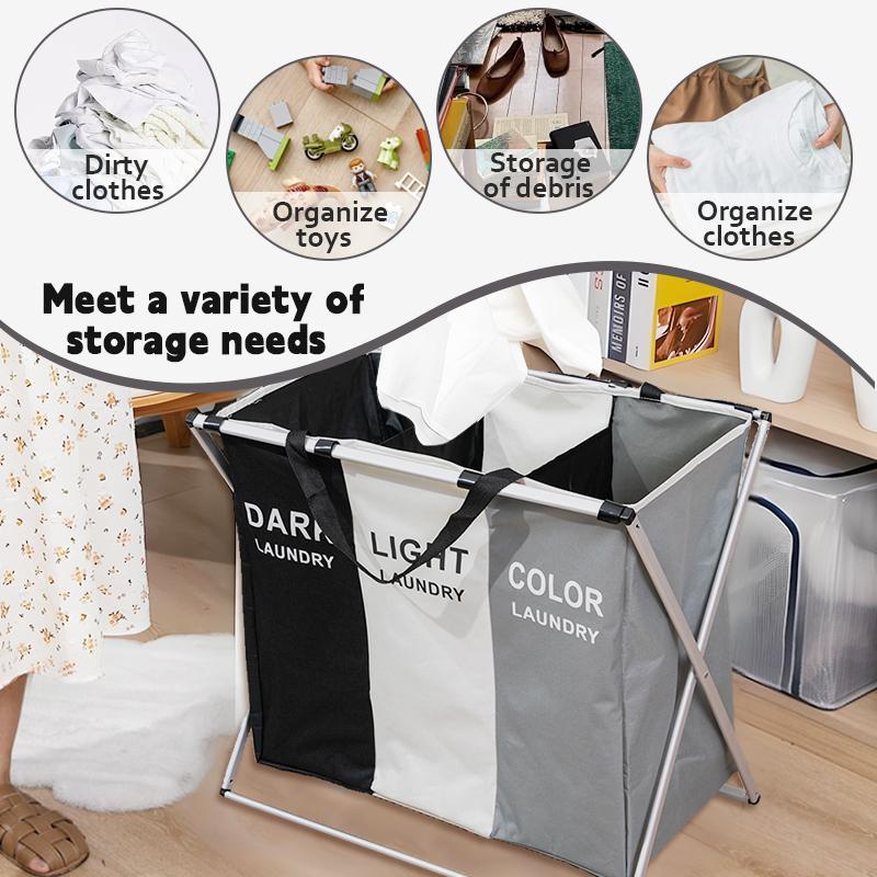 Large 3 Section Laundry Basket, 180L Freestanding Laundry Hamper, Collapsible Tall Clothes Hamper with Handles for Clothes, Toys in the Dorm & Family Closet Storage