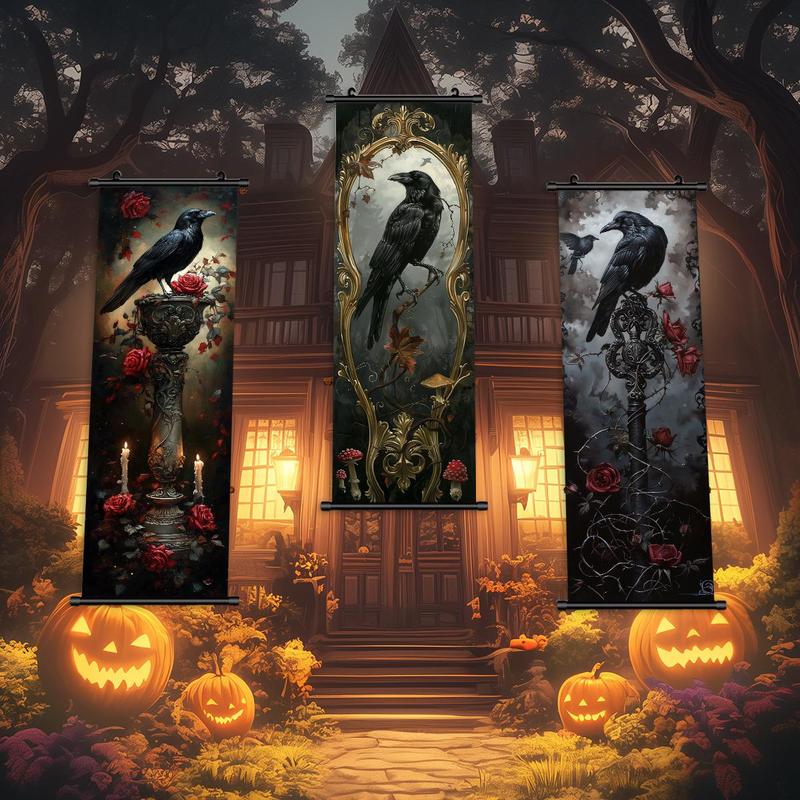 Crow Pattern Wall Hanging Banner, 3 Counts set Creative Horror Poster, Wall Art Decor for Home Living Room Bedroom, Home Decor 2025