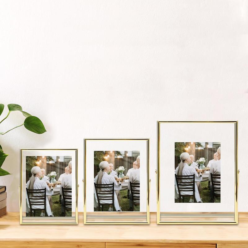 5x7 Picture Frame, Glass Floating Picture Frames for 2x3 3x5 4x6 Photo, Gold Tabletop Photo Frame for Home Wedding Party Office Decor