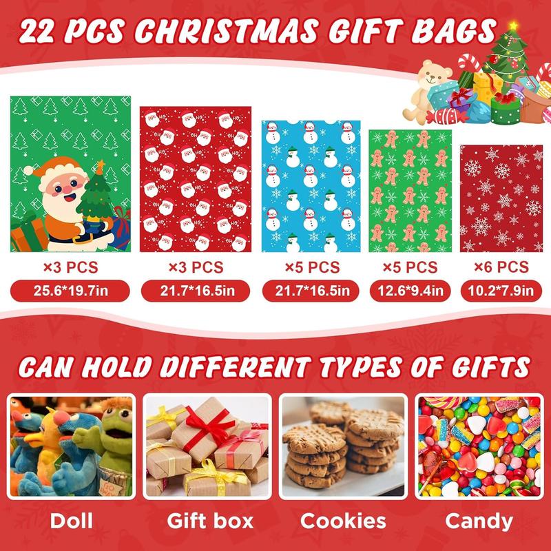 22 count Christmas Gift Bags, 5 Styles Christmas Bags for Gifts, Holiday Reusable Christmas Gift Bags (3 X-Large, 3 Large, 5 Medium, 5 Small, 6 Mini) & 22 Cards & 16 Ribbons & 40 Ties