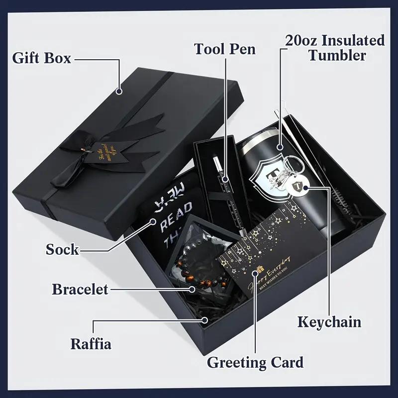 Personalized 6-Piece Box Set for Men Stainless Steel Tumbler Keychain Socks Multi-Tool Pen Bracelet Perfect for Christmas gift boyfriend baskets gifts