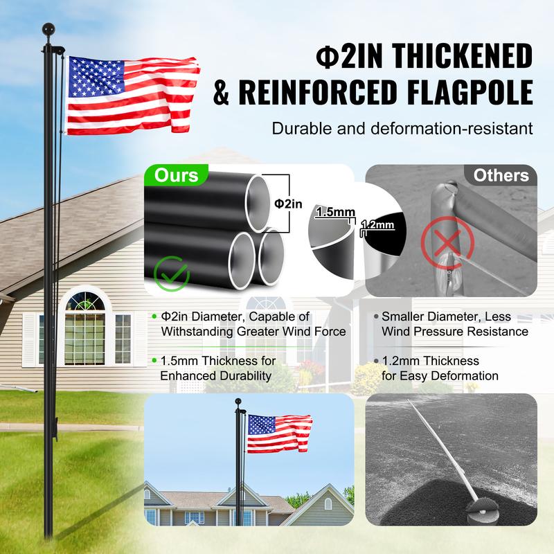 VEVOR 30FT Sectional Flag pole Kit, Heavy Duty Aluminum Alloy in Ground Flag poles for Outside, 3 Display Modes Flagpole with 3x5 American Flag, Professional Accessories, Black Banners Lightweight