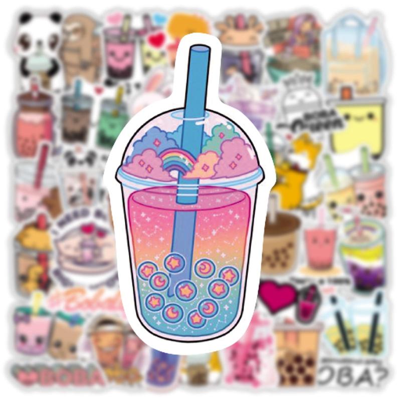 50pcs Cartoon Milk Tea Pattern Assorted Sticker, Graffiti Waterproof Decoration Sticker, DIY Decorative Sticker For Water Cup, Phone, Computer, Stationery, Scrapbooking