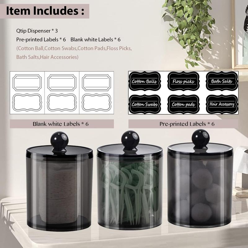 6 Pack of 12 Oz. Qtip Dispenser Apothecary Jars Bathroom with Labels - Holder Storage Canister Clear Plastic Acrylic Jar for Ball,Cotton Swab,Cotton Rounds,Floss Picks, Hair Clips (Black)