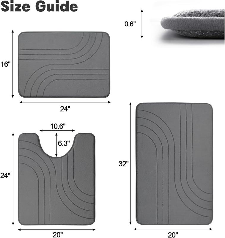 3PCS Memory foam gray bathroom carpet set, super absorbent bathroom mat set, anti-skid machine wash and quick dry, bathroom mat set(81*51+61*41+61*51cm)