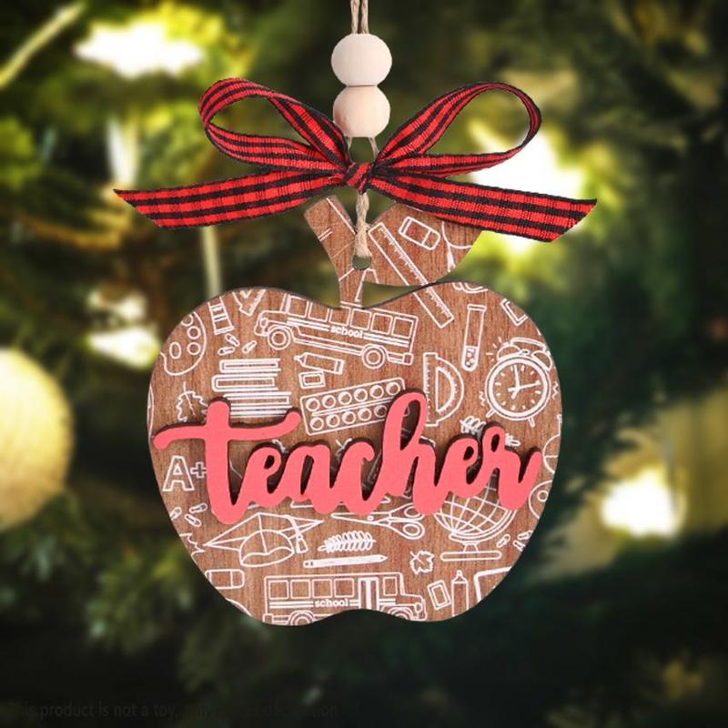 Fruit Shaped Wooden Hanging Ornament, 1 Count Teacher Themed Cartoon & Letter Pattern Double-layer Pendant, Thanksgiving Christmas Holiday Party Gift for Teacher