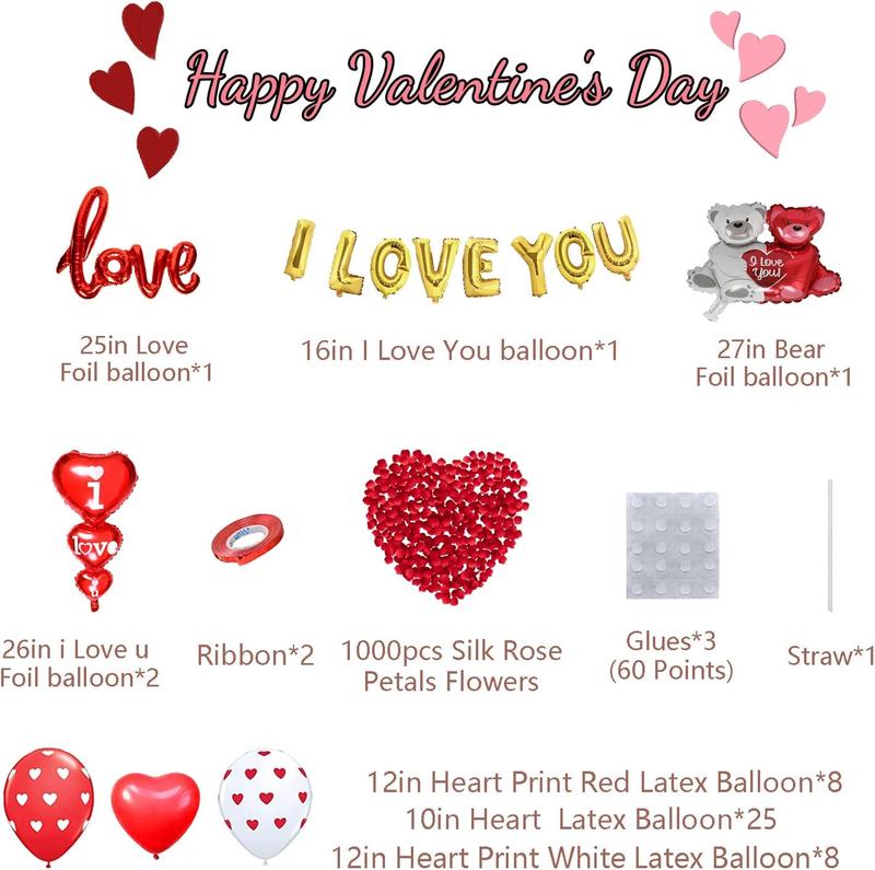 Valentines Day Balloons Decorations I Love You Balloons and Heart Balloons Kit with 1000 count Red Silk Rose Petals Flower Decoration Love-Bear Heart Print Balloons Banner for Valentine Party Decorations