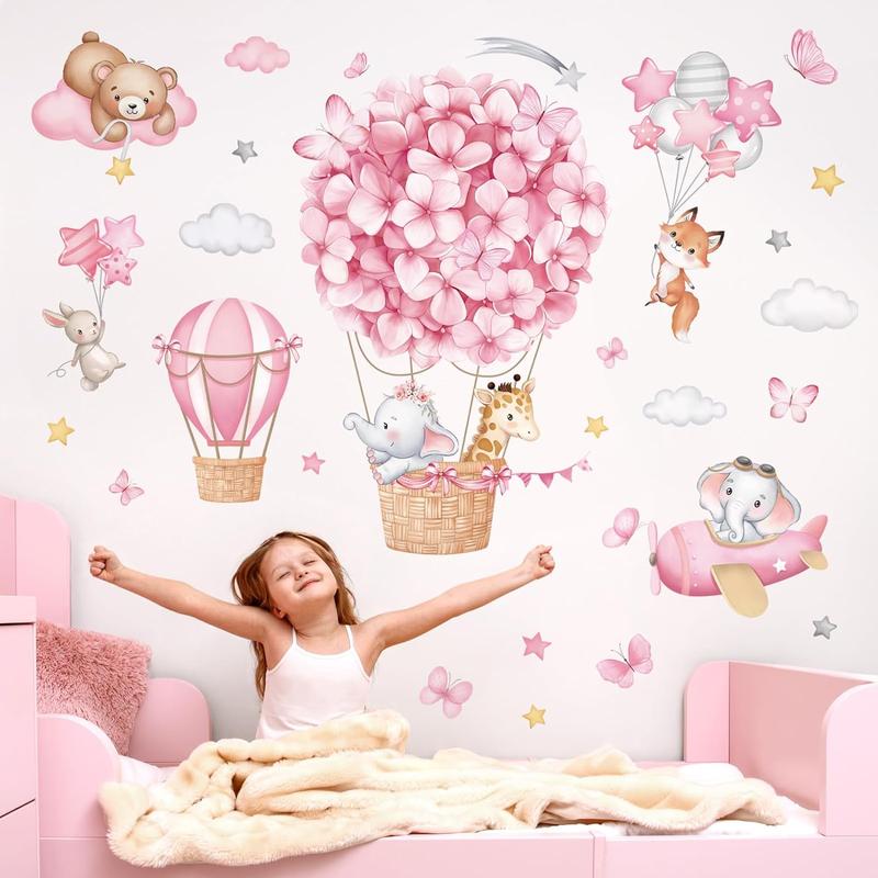 Animals Hot Air Balloon Wall Stickers Flowers Elephant Giraffe Bear Airplane Wall Art Decals for Girls Room Baby Nursery Kids Bedroom