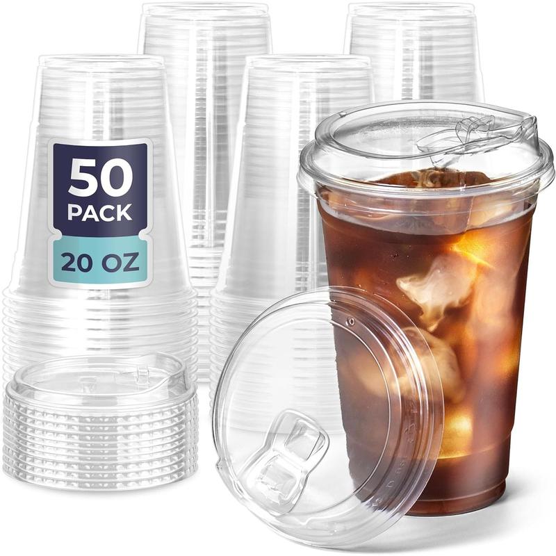 50 Pack 20 oz Clear Plastic Cups with Strawless Sip Lids, Disposable Plastic Coffee Cups with Lids, To Go Cups for Iced Coffee, Smoothies, Soda, Party Drinks, Bubble , Cold Beverage