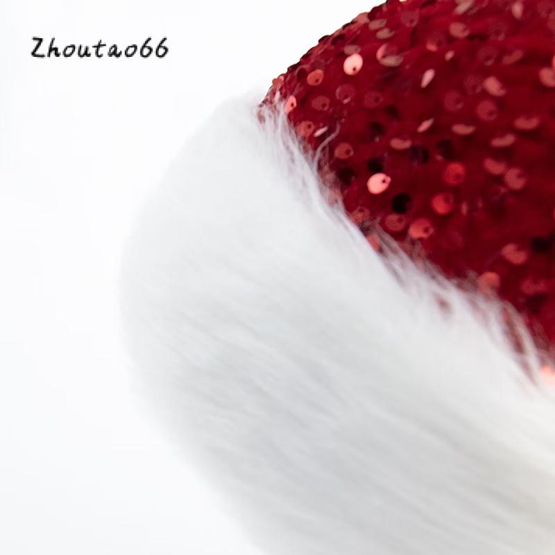 Christmas Santa Hats for Women Thicken Fuzzy Trim Shiny Sequin Caps Winter Christmas Costume Accessories