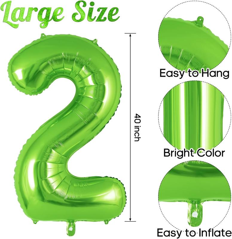 Dinosaur Green Number 2 Balloon, 40 Inch Big Large Foil Helium Green Number Balloon with 6 count Mini Dinosuar, Dinosuar Balloons Set for 2 Year Old Birthday Party Decorations Supplies