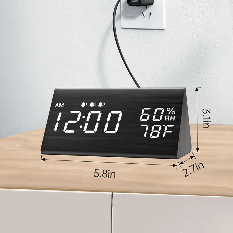 Wooden Digital Alarm Clocks For Bedrooms - Electric LED Time Display Desk Clock With Large Numbers, , 3 Alarm Settings, Humidity & Temperature Detect,USB Port, Battery Backup Alarm, Adjustable Volume, Dimmer, Snooze, DST, 12 24H,