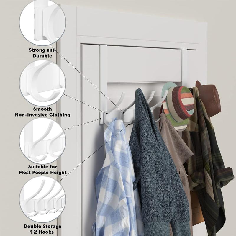 Over The Door Hooks,Sturdy Door Hanger, Large Over The Door Towel Rack with 12 Hooks, Heavy Duty Easy to Install, for Bathroom, Bedroom,Kitchen,Hanging Towels,Coats(White).