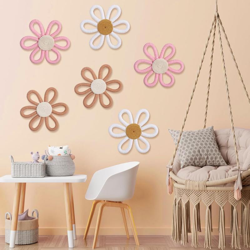 6 count Boho Daisy Flower Wall Art Decor Boho  Wall Art Decor Daisy Flower Woven Macrame Wall Hanging for Home Indoor Decorations  Girls (Classic Color,Yarn and Cotton Rope)