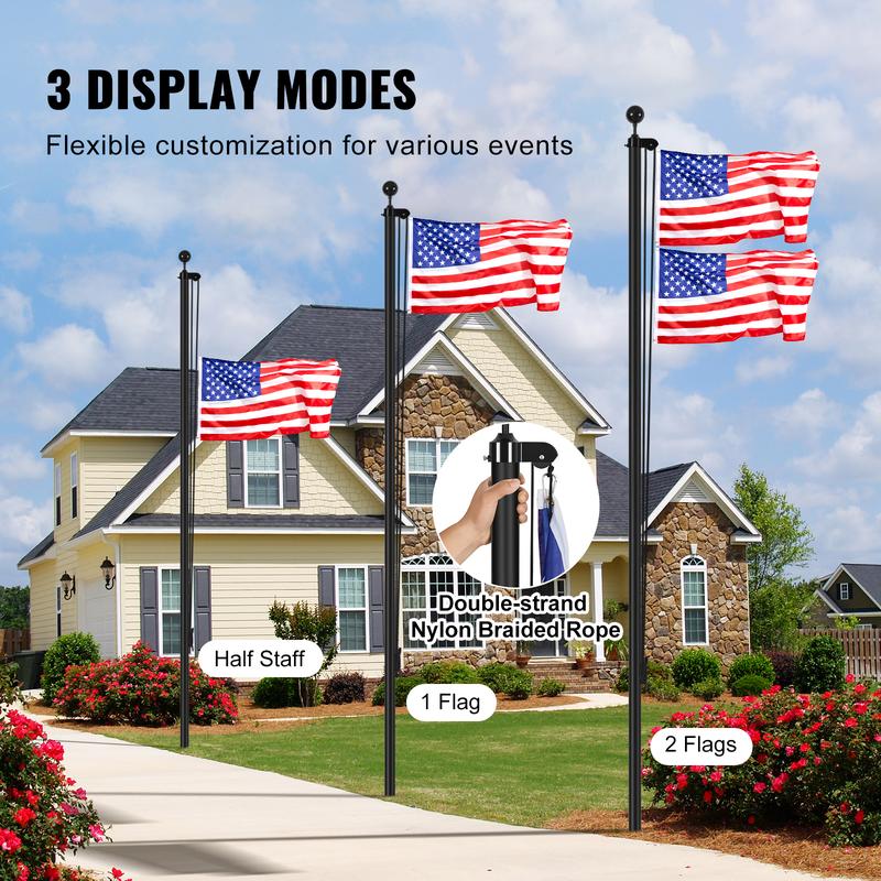 VEVOR 30FT Sectional Flag pole Kit, Heavy Duty Aluminum Alloy in Ground Flag poles for Outside, 3 Display Modes Flagpole with 3x5 American Flag, Professional Accessories, Black Banners Lightweight