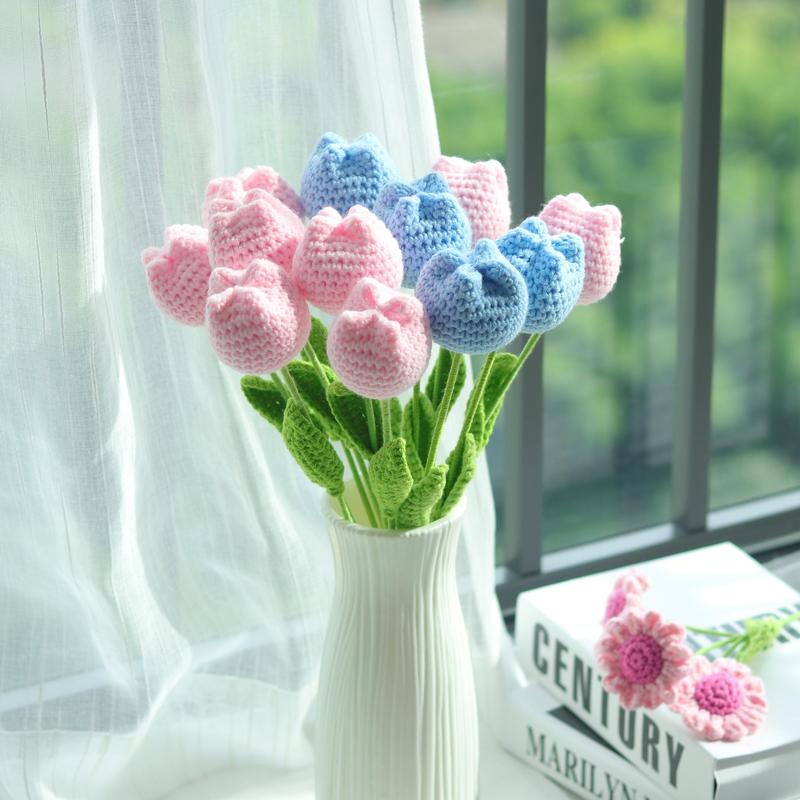 Crochet Tulip, 3 6 Counts Handmade Crochet Tulip Flower, Decorative Flower for Home Living Room & Bedroom & Dining Room & Wedding