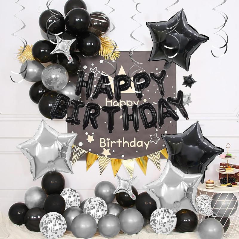 56 PCS Happy Birthday Balloons Happy Birthday Banner Silver and Black Balloons for Boys Men Girls Women 16th 18th 20th 21st 25th 30th 40th 50th 60th Birthday Party Decorations