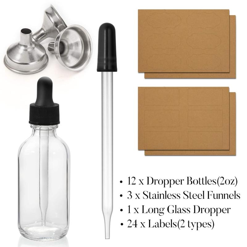 12 Pack, 2 oz Glass Eye Dropper Bottles w  3 Stainless Steel Funnels & 1 Long Pipette Dropper & 24 Labels - 60ml Clear Tincture Bottles for Essential Oils, Liquids - Leakproof Travel Essential Bottles Organiser Canister