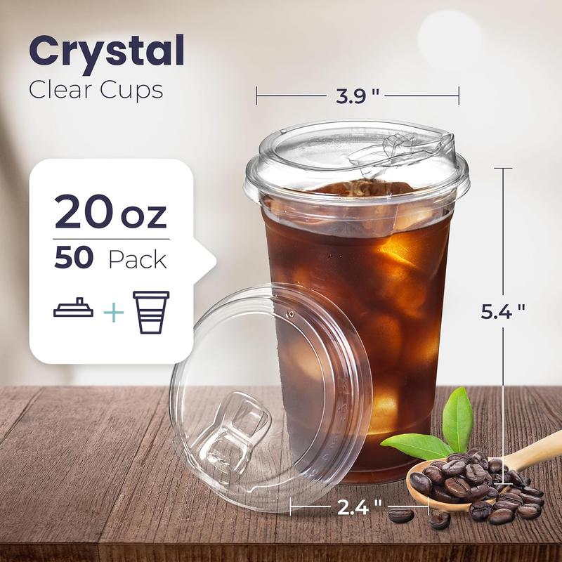 50 Pack 20 oz Clear Plastic Cups with Strawless Sip Lids, Disposable Plastic Coffee Cups with Lids, To Go Cups for Iced Coffee, Smoothies, Soda, Party Drinks, Bubble , Cold Beverage