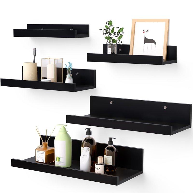 Upsimples Home Floating Shelves, Set of 5, Multiple Sizes, Wall Mounted, Black Decor Wood Hanging