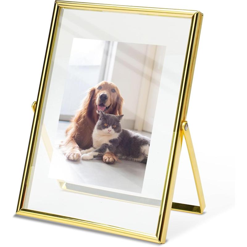 5x7 Picture Frame, Glass Floating Picture Frames for 2x3 3x5 4x6 Photo, Gold Tabletop Photo Frame for Home Wedding Party Office Decor