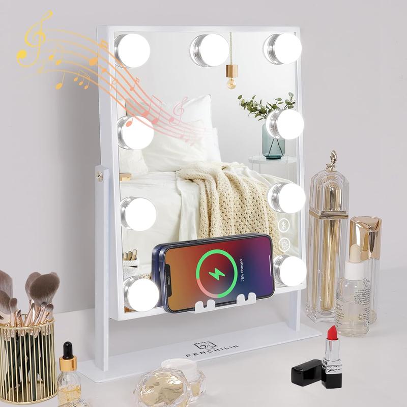 White Hollywood Vanity Mirror with Lights 9 Dimmable Bulbs Wireless Charger Speaker Makeup Mirror with Smart Touch Control for Glam Room Bedroom Detachable 10X Magnification