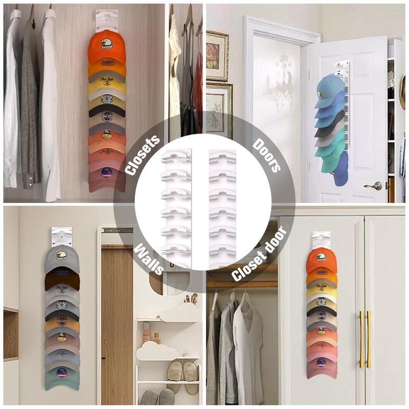 2-pack white hat organizer. Wall-mounted, strong adhesive. Holds up to 20 hats. For door closet. Multilayer, two mounting options.Hanger Installation