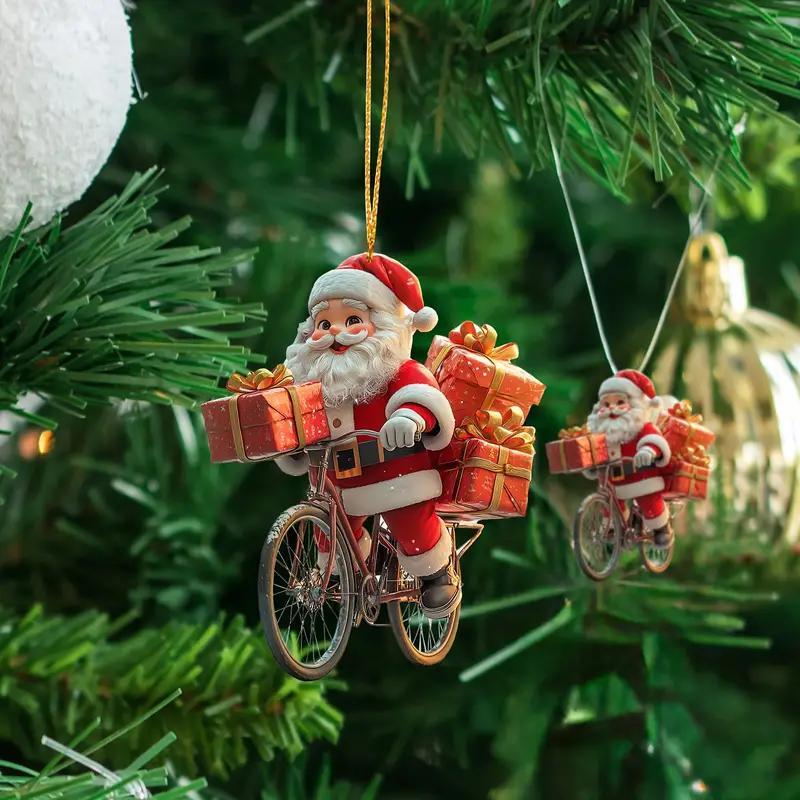 Christmas Santa Claus Riding Bicycle Design Ornament, 1 Count Festival Style Acrylic Decoration, Holiday Fairy Tale Theme Pendant for Home, Garden, Party