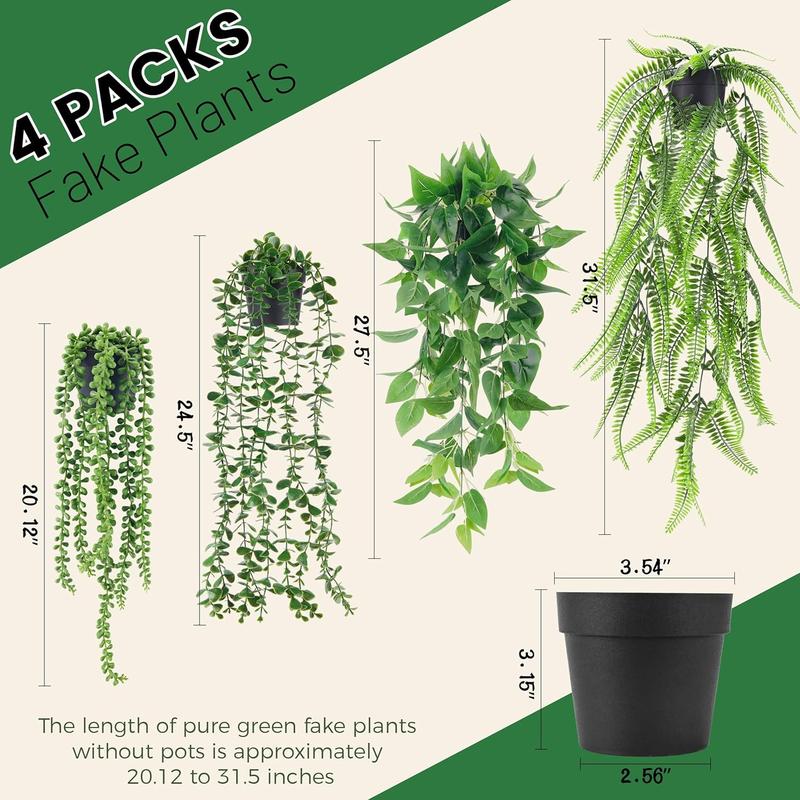 4 Pack Artificial Hanging Plants with Pots - Ivy, Vine, Eucalyptus and Boston Fern Decor