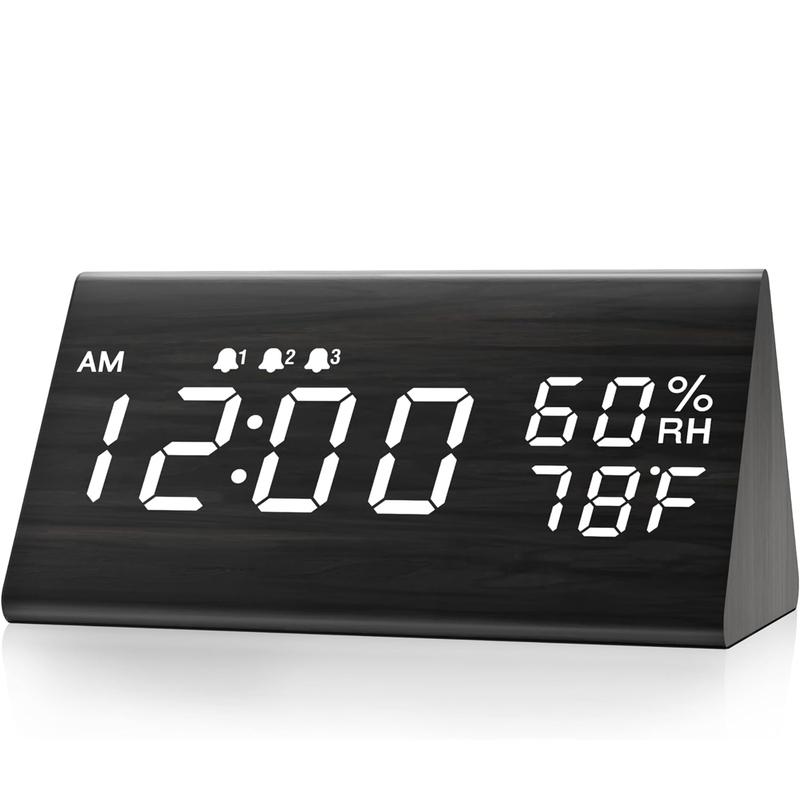 Wooden Digital Alarm Clocks For Bedrooms - Electric LED Time Display Desk Clock With Large Numbers, , 3 Alarm Settings, Humidity & Temperature Detect,USB Port, Battery Backup Alarm, Adjustable Volume, Dimmer, Snooze, DST, 12 24H,