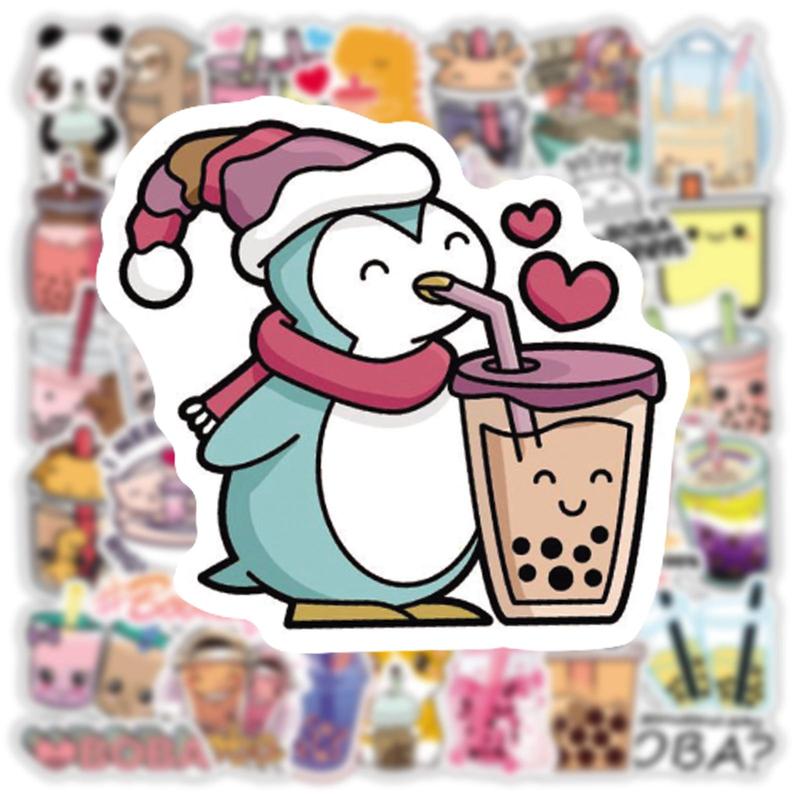 50pcs Cartoon Milk Tea Pattern Assorted Sticker, Graffiti Waterproof Decoration Sticker, DIY Decorative Sticker For Water Cup, Phone, Computer, Stationery, Scrapbooking