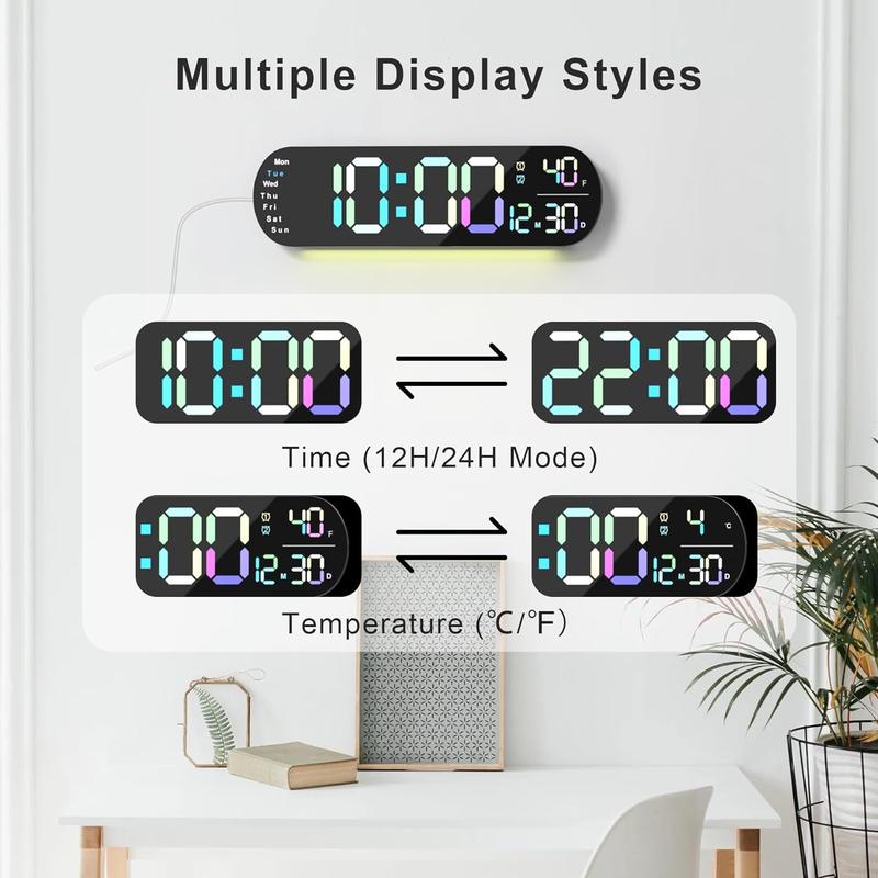 Digital Wall Clock with Auto Brightness, Displays Room Temperature and Date, Large Digital Clock Equipped with Dual Alarm Clock and 13.7-Inch Wide Display, Timer and Countdown Functions Decor Set Rgb