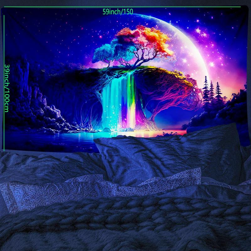 Moon & Tree Print UV Blacklight Tapestry, 1 Count Wall Hanging Blanket for Living Room Bedroom Office Home Decor, Wall Art Decor, Room Decor, Room Accessories