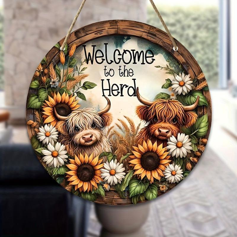 Highland Cow Pattern Welcome Sign, Round Sunflowers Hanging Door Sign, Wall Decor for Home Cafe Farmhouse Classroom Window Door Porch Garden