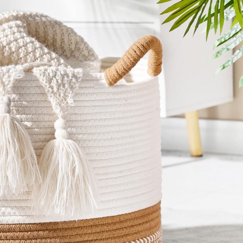 laundry hampers,xxxlarge cotton extra large laundry basket Organiser,Large Blanket Basket,Cotton Rope Blanket Basket for Living Room,Nursery,Pillows,Baby Toy chest (White Brown)