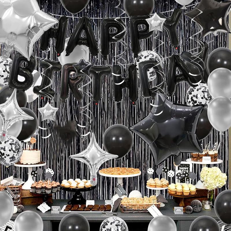 56 PCS Happy Birthday Balloons Happy Birthday Banner Silver and Black Balloons for Boys Men Girls Women 16th 18th 20th 21st 25th 30th 40th 50th 60th Birthday Party Decorations