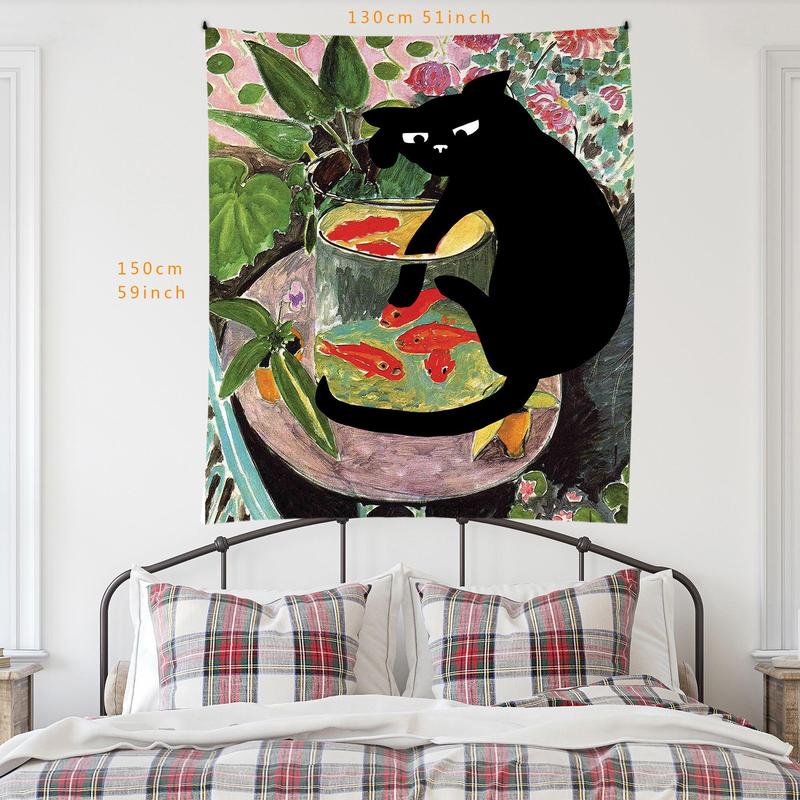 Cat & Fish Pattern Tapestry, 1 Count Retro Soft Fleece Hanging Cloth, Wall Hanging Blanket for Home Living Room & Bedroom & Dormitory Decor, Bedroom Decor for Christmas Gift