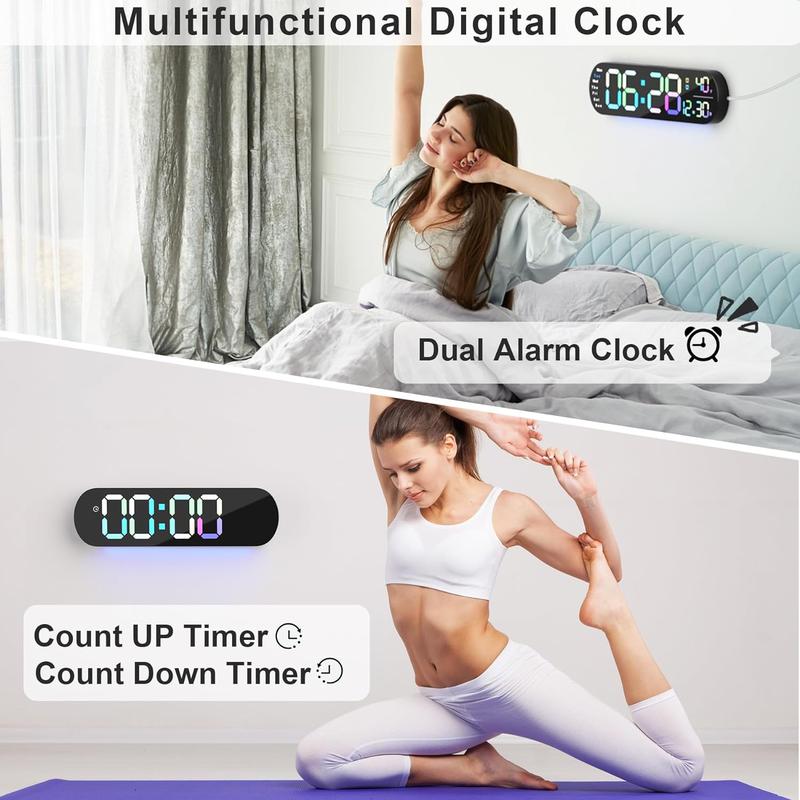 Digital Wall Clock with Auto Brightness, Displays Room Temperature and Date, Large Digital Clock Equipped with Dual Alarm Clock and 13.7-Inch Wide Display, Timer and Countdown Functions Decor Set Rgb