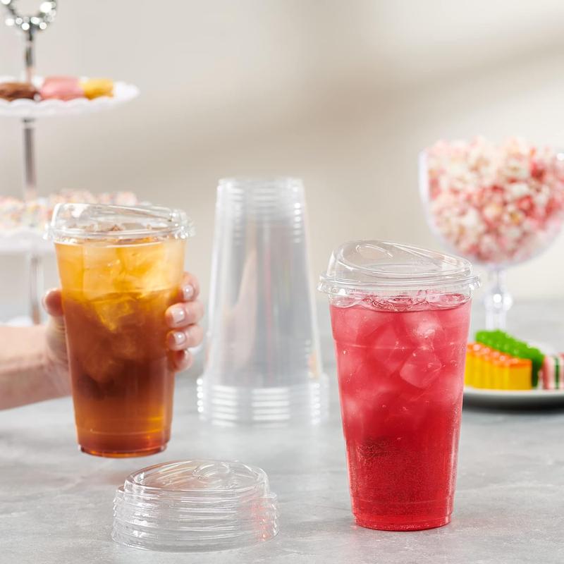 [24 oz. - 100 Count Crystal Clear Plastic Cups With Strawless Sip-Lids, Disposable Iced Coffee Cups with Lids - Ideal for Cold Beverages, and To-Go Drinks