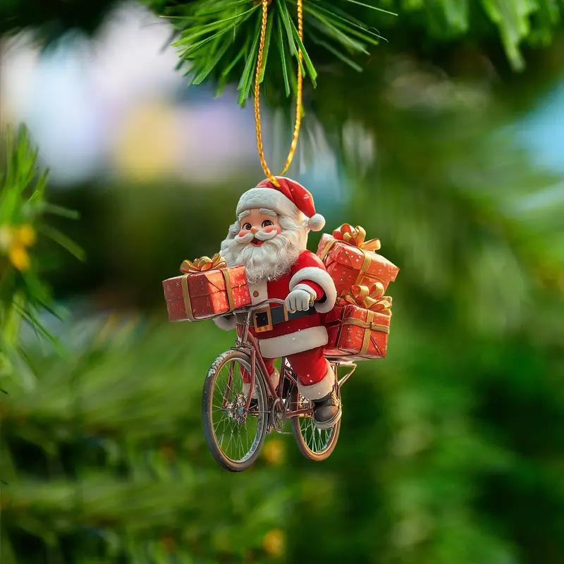 Christmas Santa Claus Riding Bicycle Design Ornament, 1 Count Festival Style Acrylic Decoration, Holiday Fairy Tale Theme Pendant for Home, Garden, Party