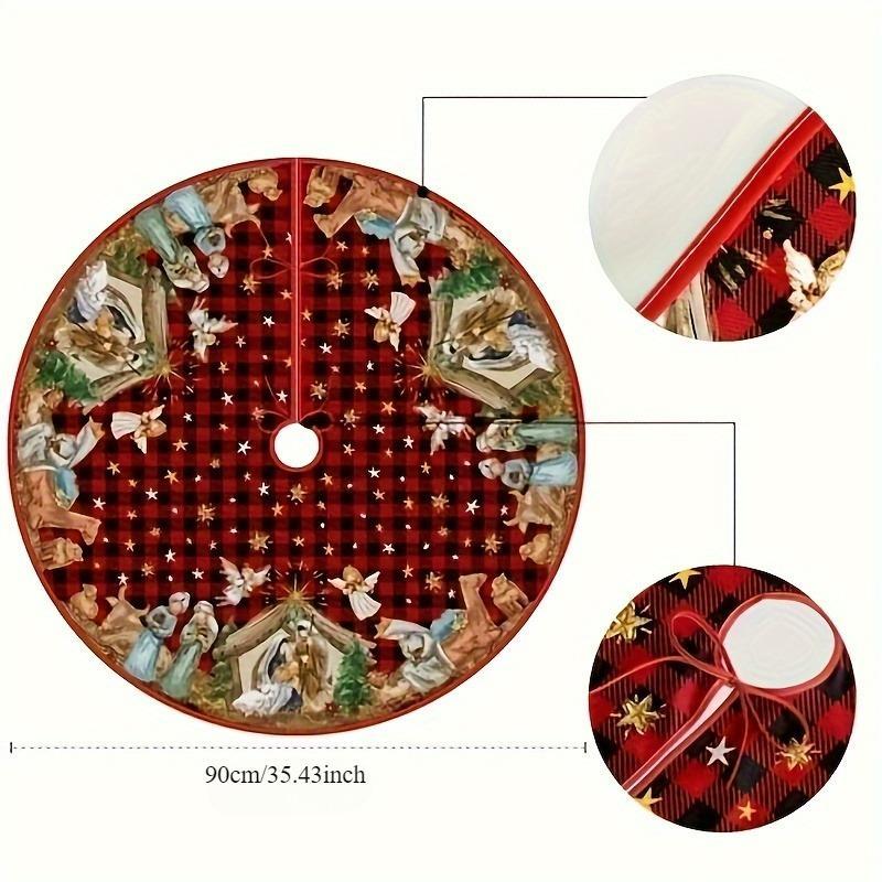 Jesus Birth Scene Themed Christmas Tree Skirt, 1 Count Plaid Pattern Christmas Tree Mat, Holiday Party Decoration for Home Garden