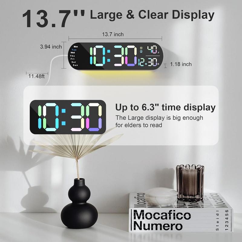 Digital Wall Clock with Auto Brightness, Displays Room Temperature and Date, Large Digital Clock Equipped with Dual Alarm Clock and 13.7-Inch Wide Display, Timer and Countdown Functions Decor Set Rgb