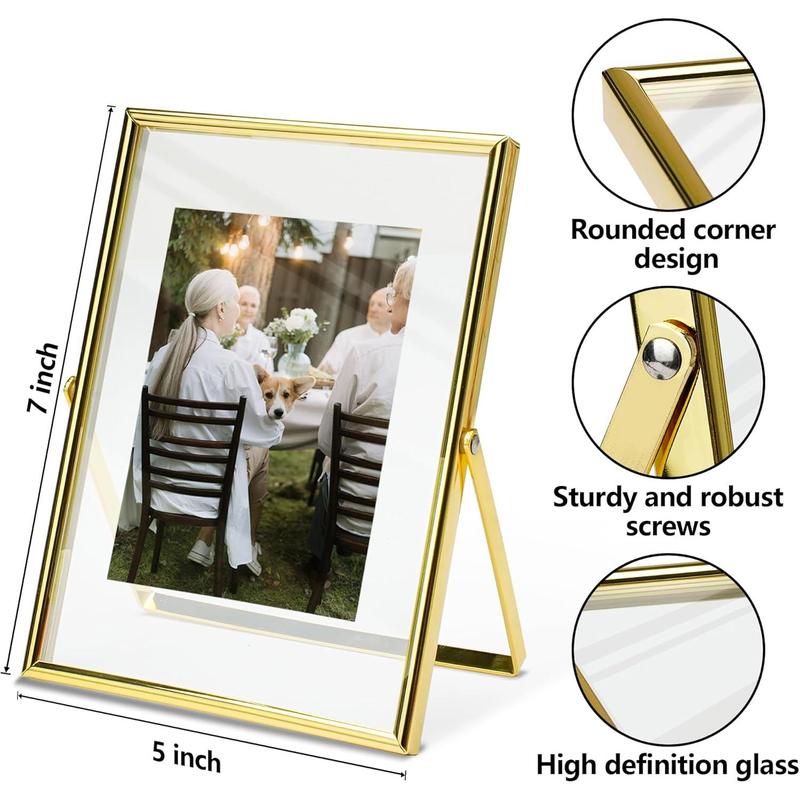 5x7 Picture Frame, Glass Floating Picture Frames for 2x3 3x5 4x6 Photo, Gold Tabletop Photo Frame for Home Wedding Party Office Decor