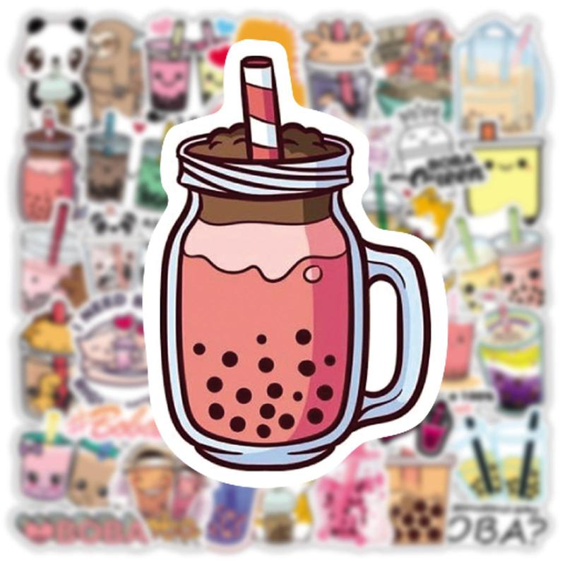 50pcs Cartoon Milk Tea Pattern Assorted Sticker, Graffiti Waterproof Decoration Sticker, DIY Decorative Sticker For Water Cup, Phone, Computer, Stationery, Scrapbooking