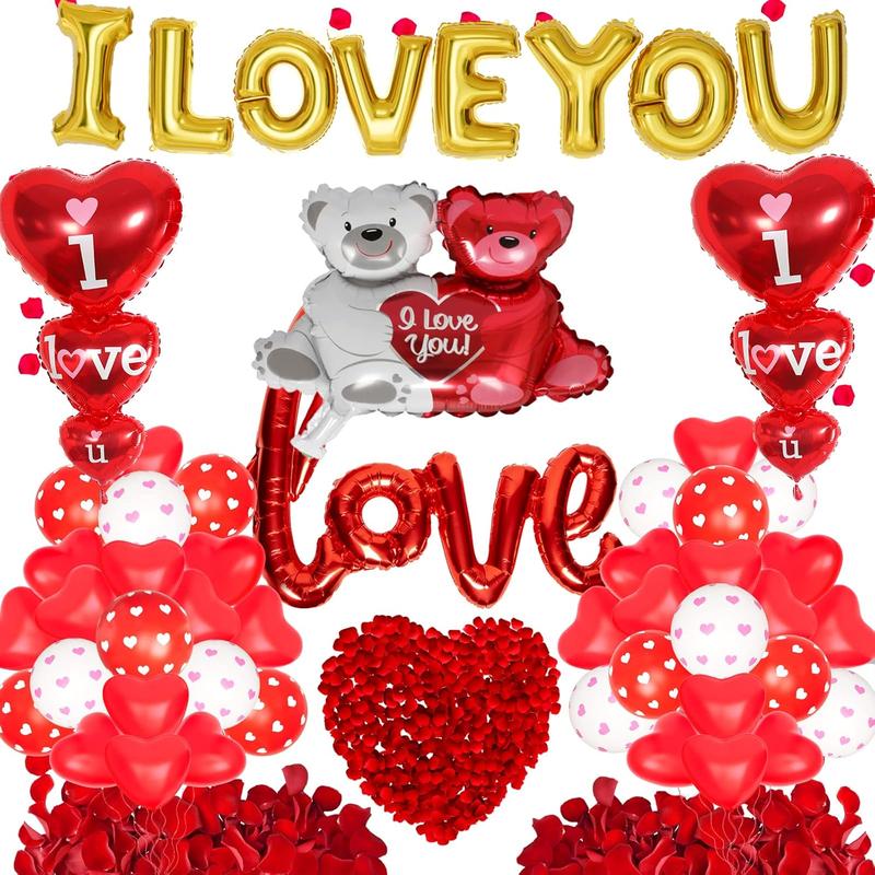 Valentines Day Balloons Decorations I Love You Balloons and Heart Balloons Kit with 1000 count Red Silk Rose Petals Flower Decoration Love-Bear Heart Print Balloons Banner for Valentine Party Decorations