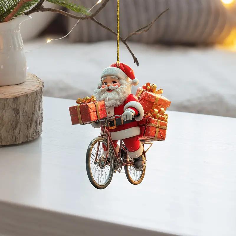 Christmas Santa Claus Riding Bicycle Design Ornament, 1 Count Festival Style Acrylic Decoration, Holiday Fairy Tale Theme Pendant for Home, Garden, Party