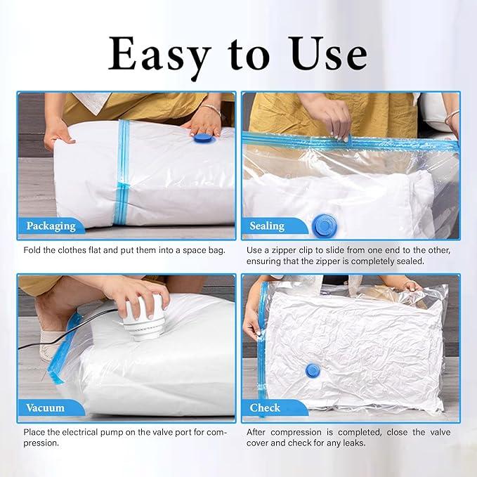 Vacuum Bag with Electric pump, Multi Size Vaccum Clothes Storage  Bag & 1 Pump, Compression for Comforters and Blankets, Sealer Clothes Storage, Bedding Room School, Travel Family Organizers Reusable Waterproof Space Saving