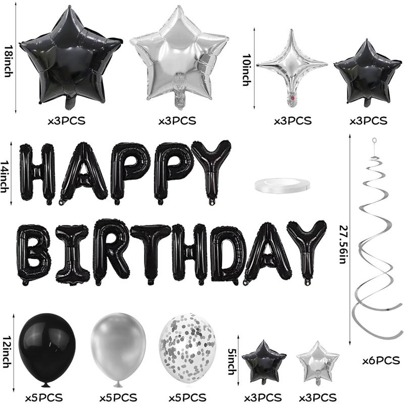 56 PCS Happy Birthday Balloons Happy Birthday Banner Silver and Black Balloons for Boys Men Girls Women 16th 18th 20th 21st 25th 30th 40th 50th 60th Birthday Party Decorations